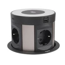 Bútorba süllyeszthető, rejtett 4-es elosztó 3680W + 2db USB-A + C + ind.töltő, 2m-vezetékkel, átm: 120mm furatba illeszthető 654983