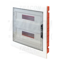 Kiselosztó süllyesztett átlátszó ajtóval, téglafalba,  2sor x18MOD (36MOD) IP42 fehér PE/N sín EDSS-18/2