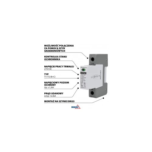 Túlfeszültség levezető 1P, T1, T2 (B+C)-es típus, cserélhető betéttel 12,5kA SPD03-1P-B+C