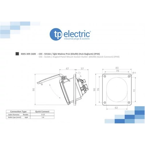 Dugalj beépíthető 16A 5-pólus 400V(50+60Hz) piros egyenes IP44 műanyag 3005-309-1600 TP Electric (Dafb-164)
