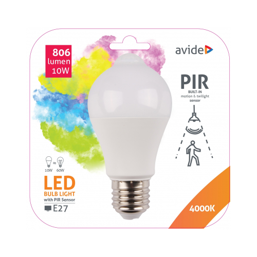 Led E27 10W normál 806lm 4000K infavörös mozgásérzéklővel 240° + alkonykapcsolóval ASG27NW-10W-PIR