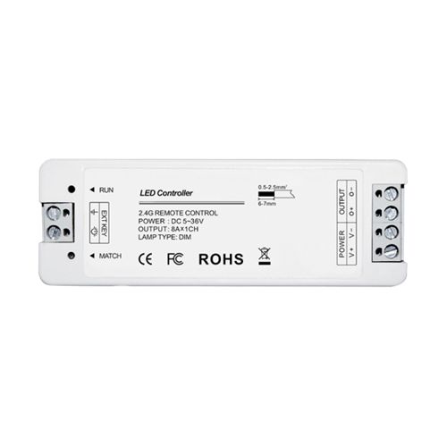 RF dimmer vevő, fehér LED-szalagokhoz, 1-csatornás, nyomógombbal illetve távirányítóval vezérelhető, 8A 12/24V (99RREMOTE1-hez) 99RECEIVER1