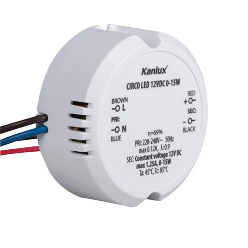 Led tápegység, szerevénydobozba rakható,  CIRCO LED 12VDC 0-15W Kanlux 24243