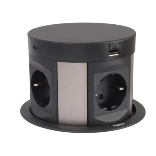Bútorba süllyeszthető, rejtett 4-es elosztó 3680W + 2db USB-A + C aljzattal, 2m-vezetékkel, átm: 120mm furatba illeszthető 654982