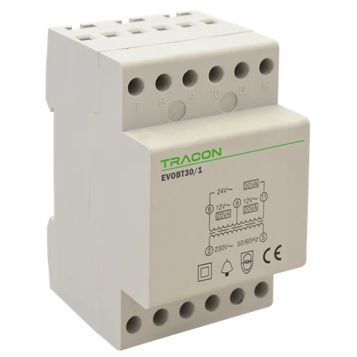 Csengő trafó sínre 30VA 230/230V/12-12-24V AC,  Is:1,25A  EVOBT30/1