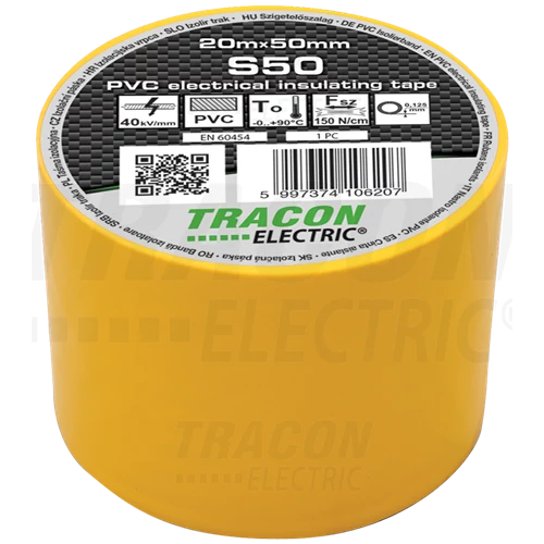 Szig.szalag 20m x 50mm sárga, PVC, 0-90°C, 40kV/, Tracon S50