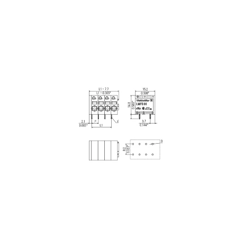 Nyákba forrasztható sorkapocsblokk, egymással sorolható 2P 400 V / 24 A / 0.2 - 2.5 mm² Weidmüller LMFS 5.08/02/90 3.5SN OR BX 1330960000