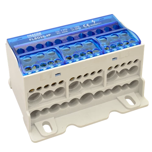 Elosztóblokk 4×35(25)mm2 / 3×5×10,3×2×25 / 4×16,6×25mm2, 690VAC/DC,125A  FLSO35-4P