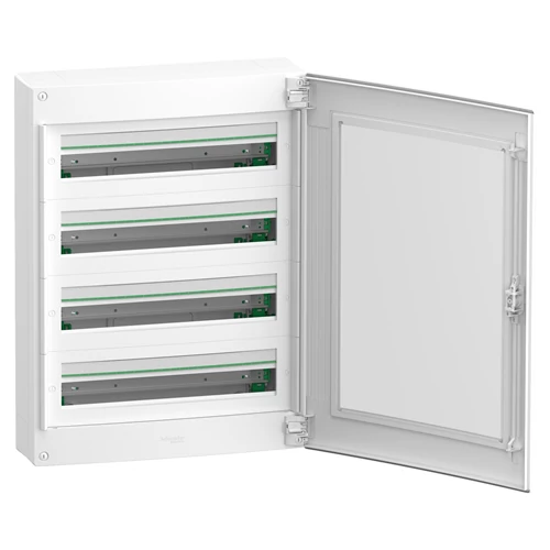 Kiselosztó  falon kívüli átlátszó füst ajtó 4x24M 96modul IP40 4 sor PE/N sín LVSXR424