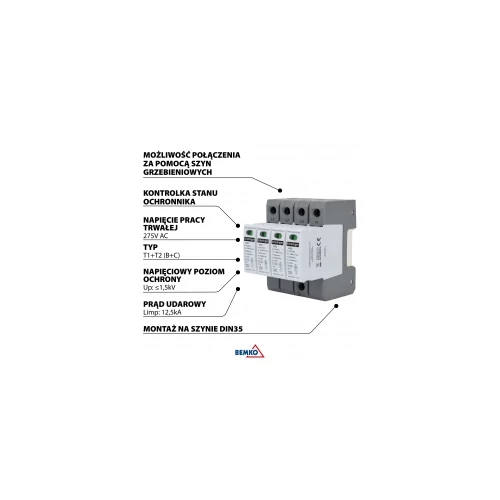 Túlfeszültség levezető 4P, T1, T2 (B+C)-es típus, cserélhető betéttel 12,5kA SPD03-4P-B+C