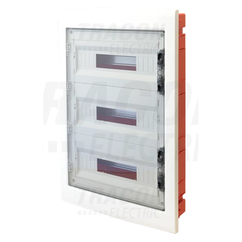 Kiselosztó süllyesztett átlátszó ajtóval, téglafalba,  3sor x18MOD (56MOD) IP42 fehér PE/N sín EDSS-18/3 ( 8 / csomag )