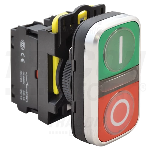 Dupla nyomógomb, LED jelzőfénnyel 230VAC/DC, piros/zöld n/o+n/c komplett NYG3-DL1