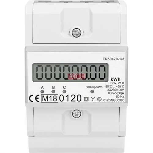 Fogyasztásmérő, direkt, 3 fázis  digitális, 4mod 80A MID hitelesített 321516